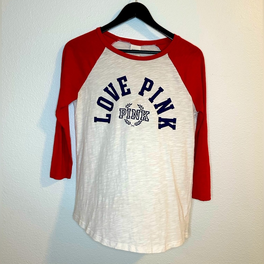 Victoria’s Secret “Love Pink” Campus Baseball Tee Red/White: Size Small